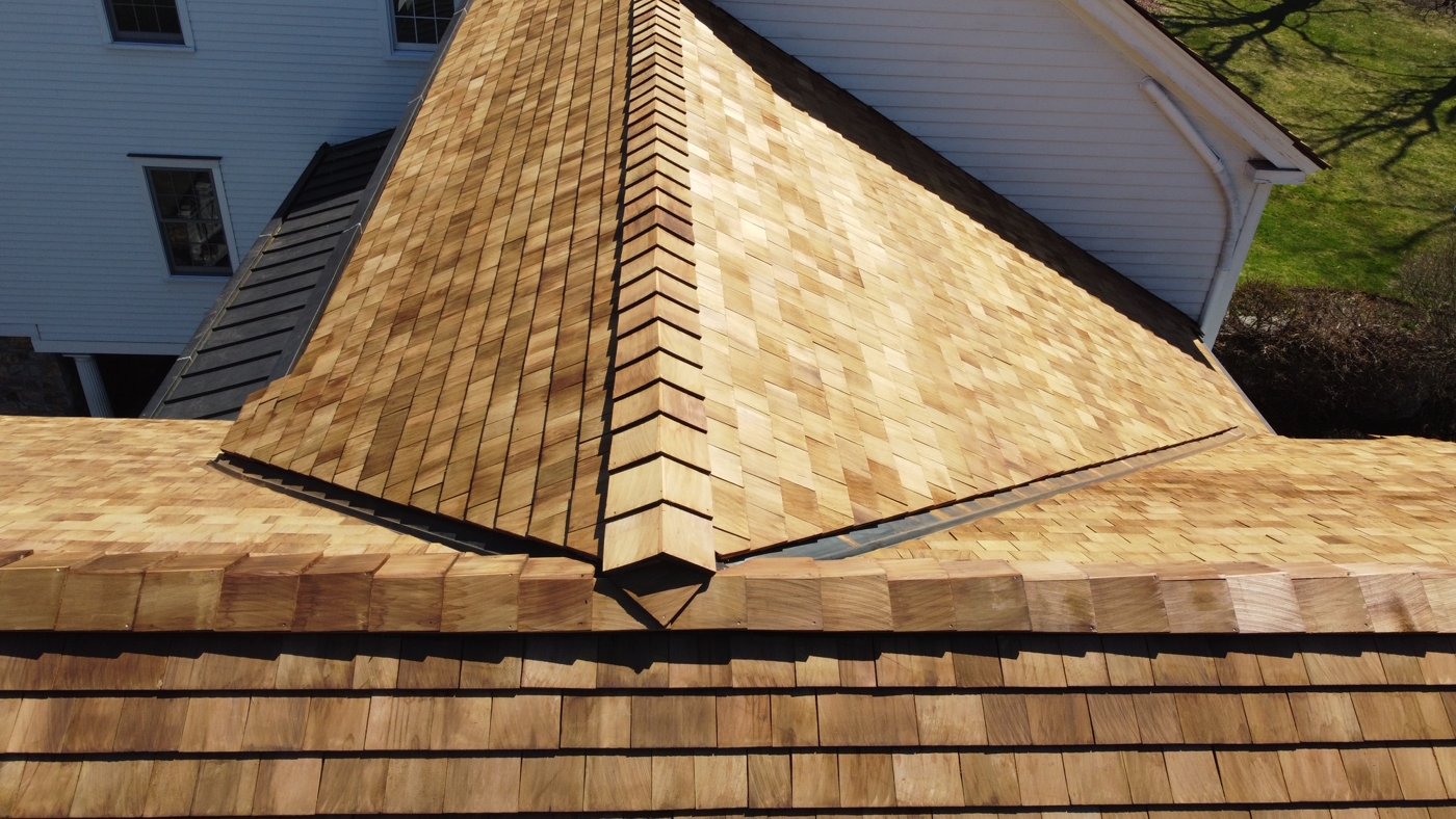 Cedar roofing viewed from above